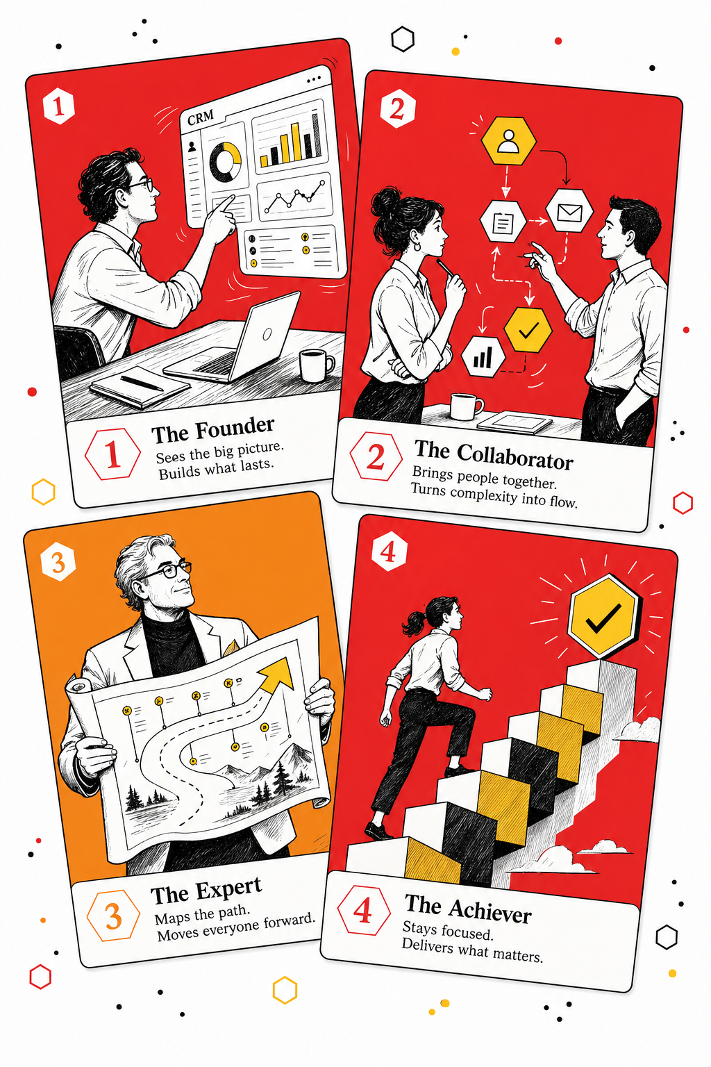 Illustrated deck of four cards showing the Breakthrough Advancement journey — founder at a CRM dashboard, two collaborators mapping a workflow, an expert holding a roadmap, and a person climbing toward a hexagonal goal.