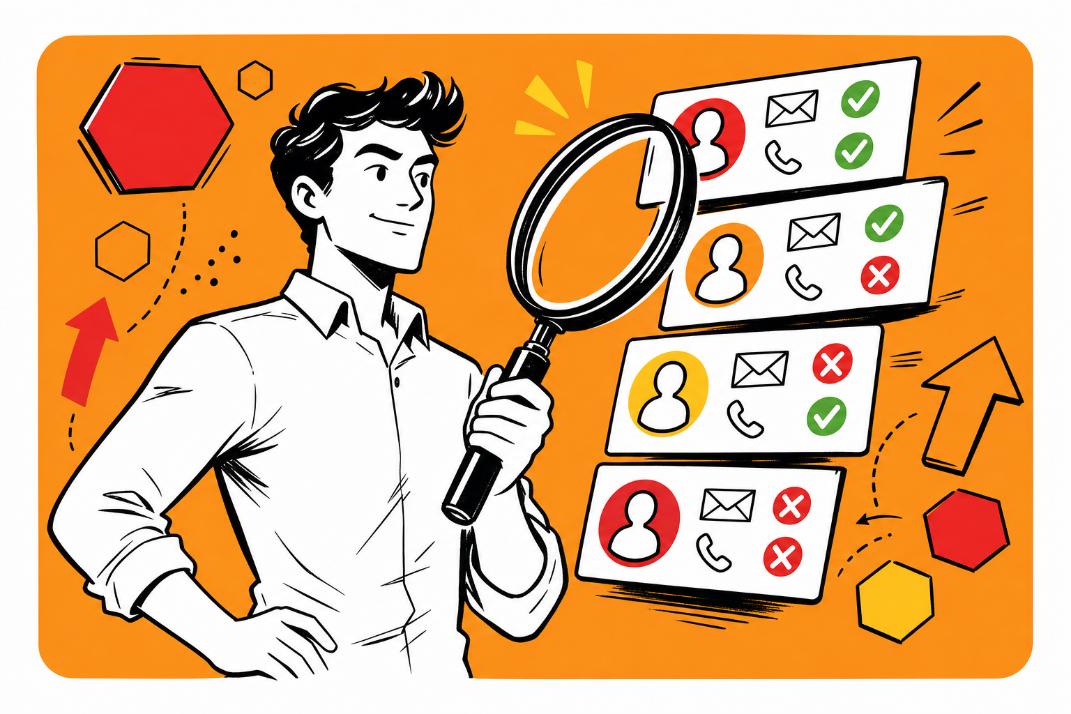Illustration of an expert examining contact records with a magnifying glass, showing email and phone verification results with green checkmarks and red Xs.