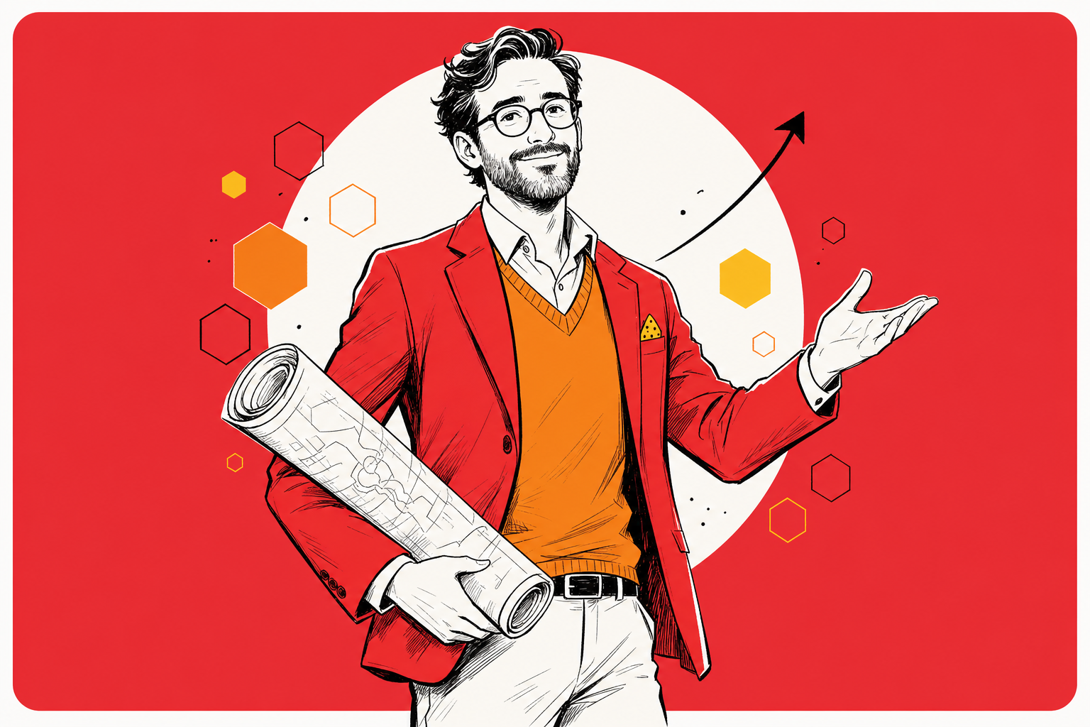 Illustration of Gerardo Lona Rios, founder of Breakthrough Advancement, holding a rolled blueprint and gesturing welcomingly.
