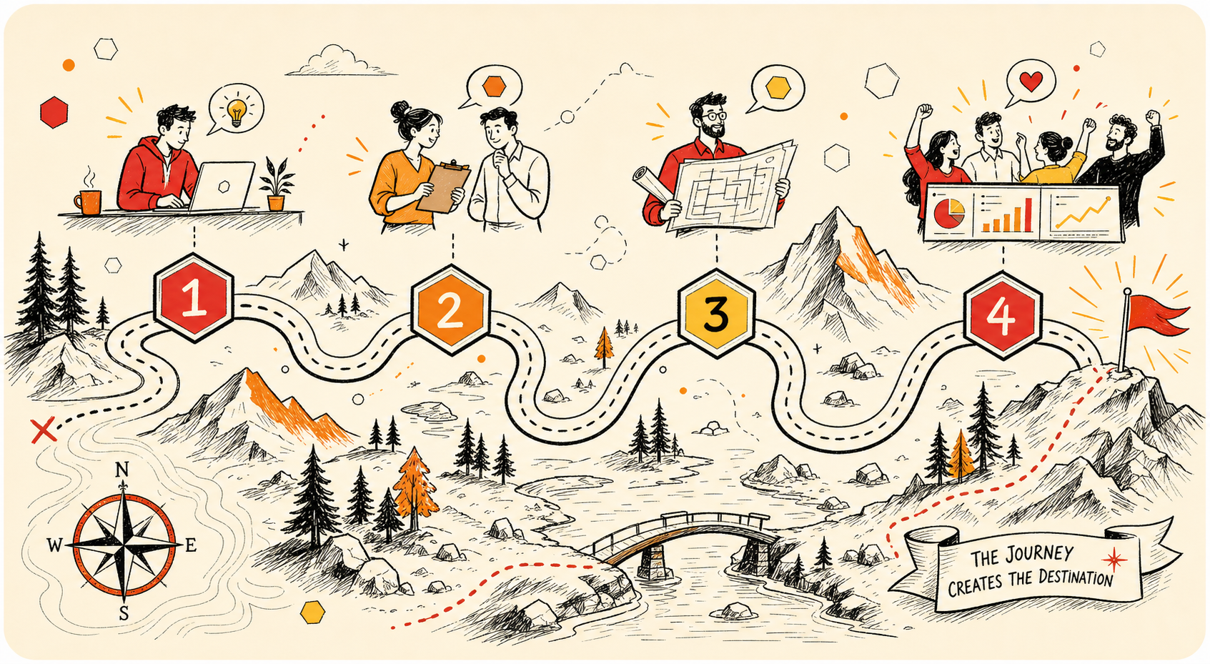 Illustrated map showing four hexagonal waypoints along a winding path, each with a small character scene representing a stage of the Zoho implementation journey.