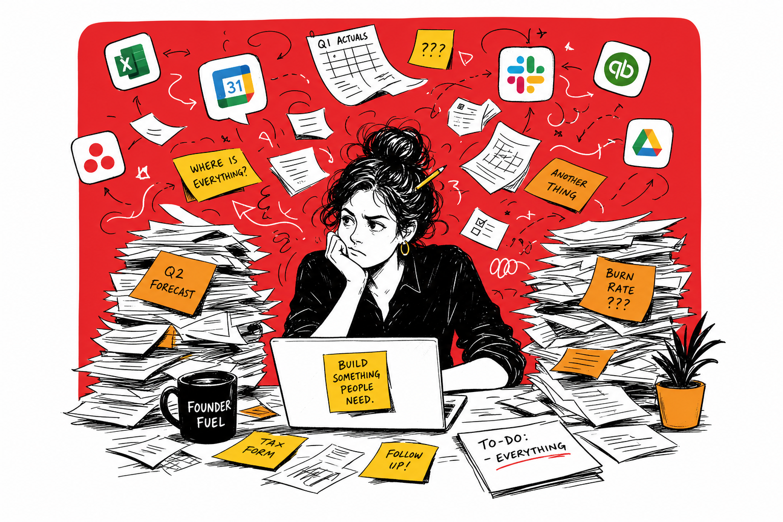 Editorial illustration of a founder overwhelmed by stacks of paper, scattered sticky notes, and disconnected app icons swirling around them.